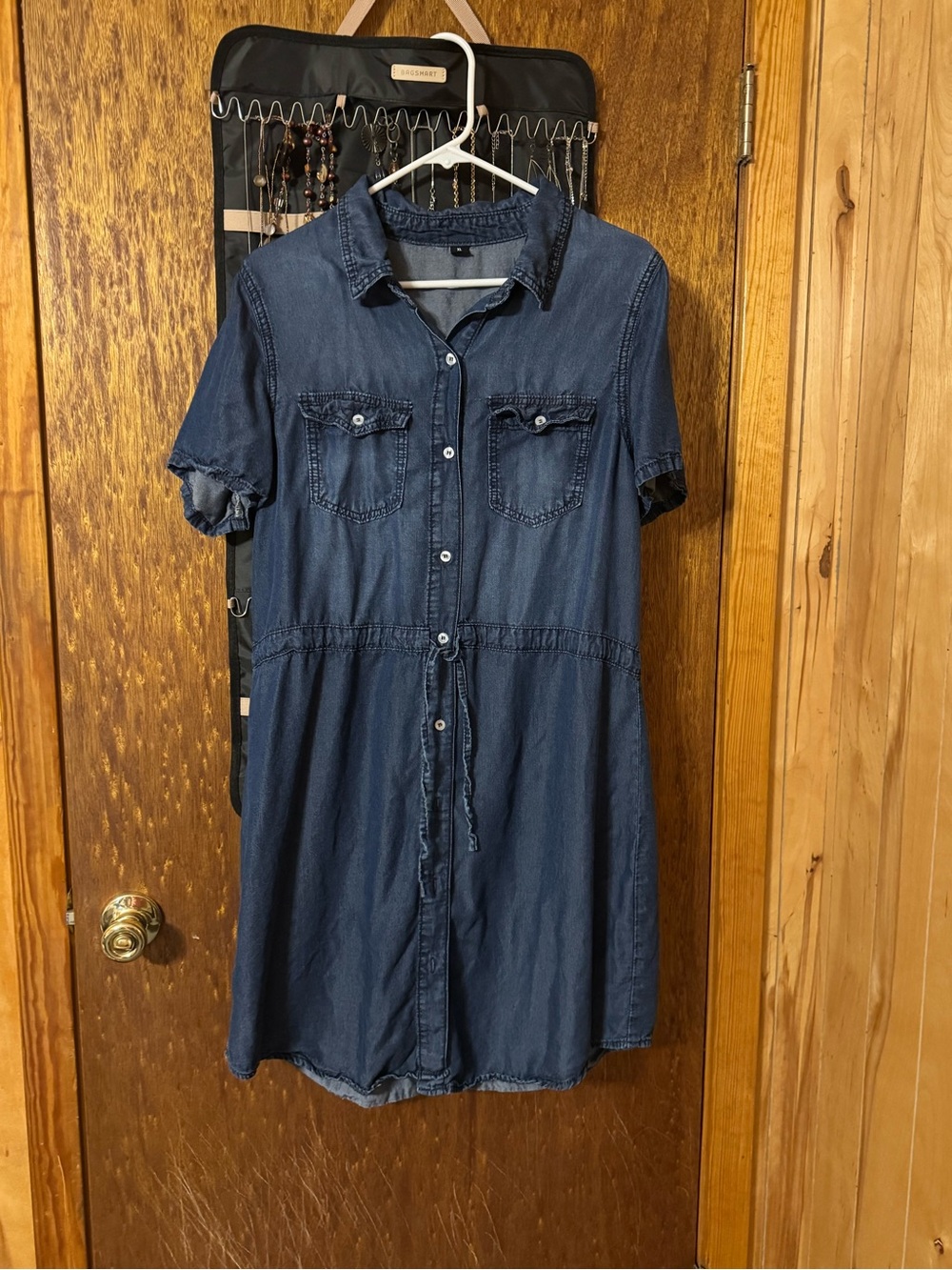 Denim Shirt Dress with Drawstring Waist - Navy Blue